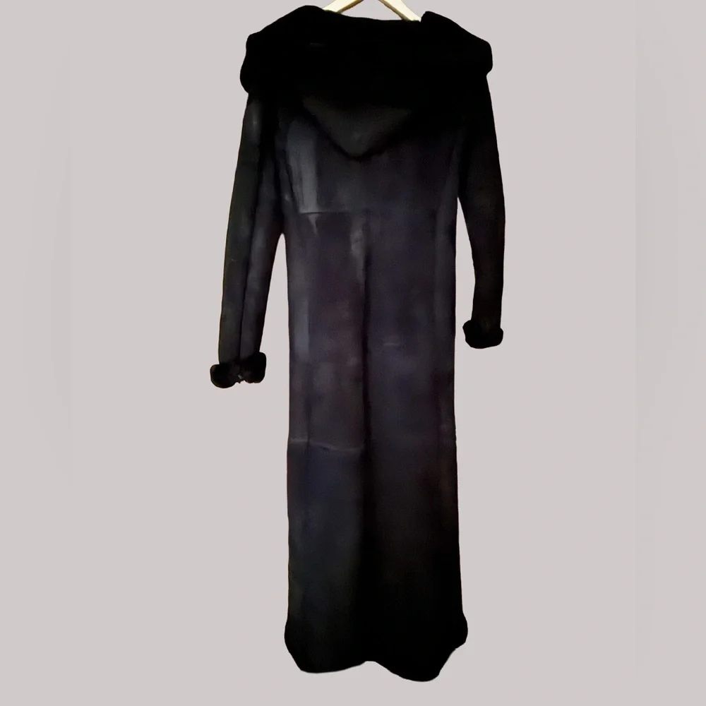 Women’s Long Black Shearling with Hood - Picture 1 of 4